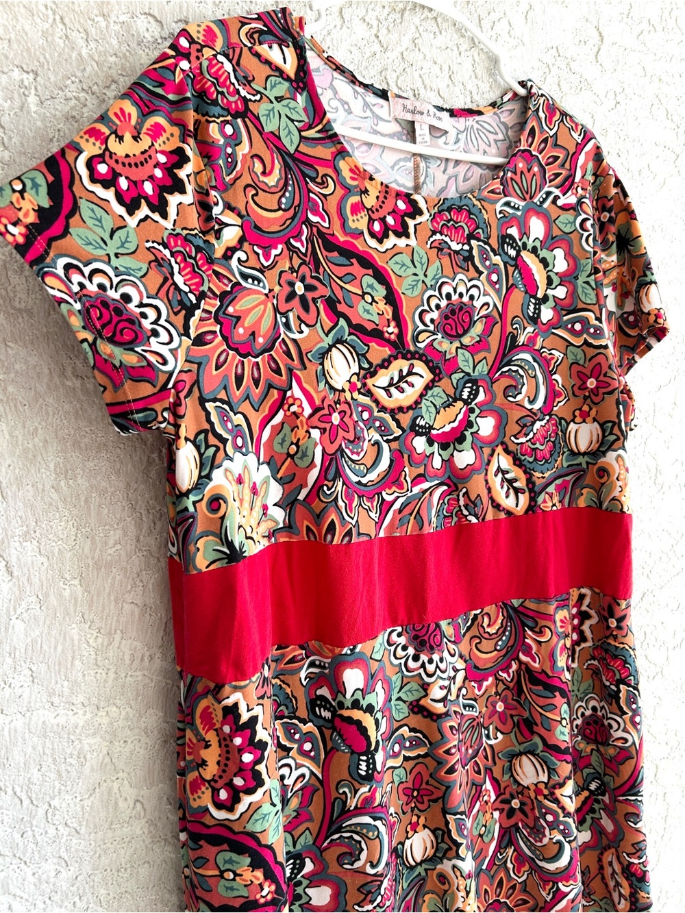 Red Paisley-Print Midi Dress with Red Waistband - Picture 4 of 8